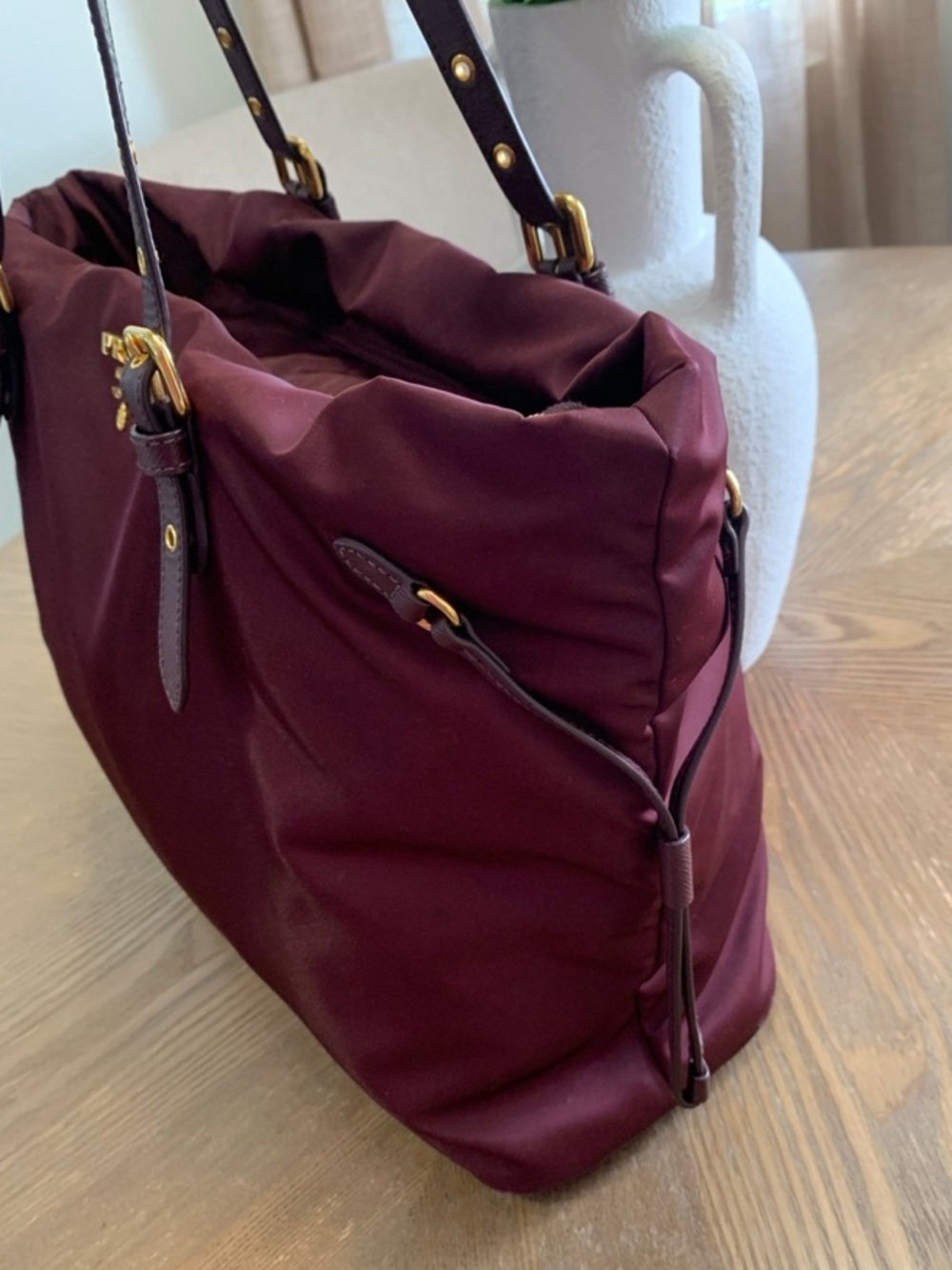Prada Burgundy Nylon Tote with Gold-Tone Logo~Certificate Of Authenticity - Picture 6 of 13